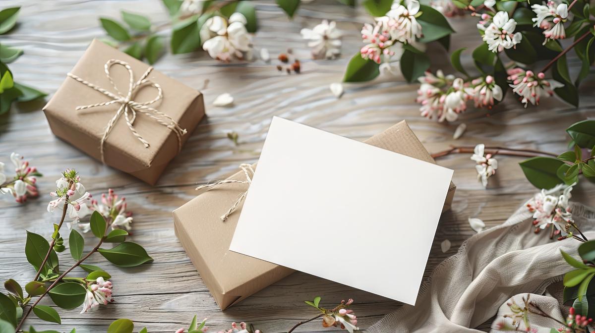 Elegant wrapped wedding gift boxes with card surrounded by flowers — perfect marriage gift idea.